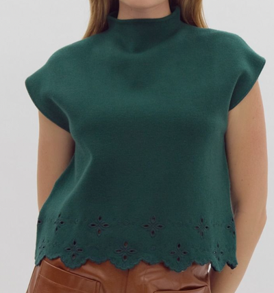 Hunter Green Mock Neck Embroidered Sweater Top