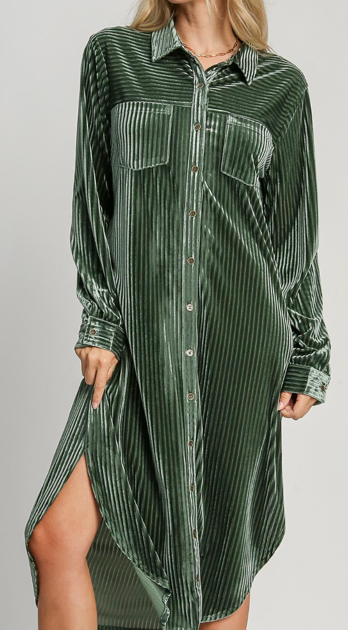 Dark Sage Pocket Detail Velvet Button Down Midi Dress