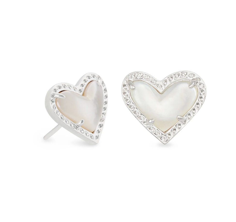 Kendra Scott Silver Ari Heart Stud Earrings in Ivory Mother of Pearl