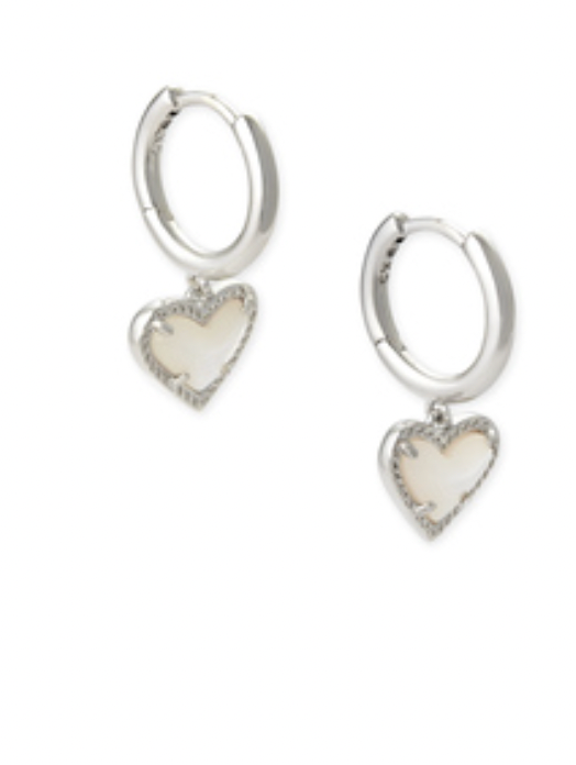 Kendra Scott Ari Heart Silver Huggie Earrings in Ivory Mother of Pearl