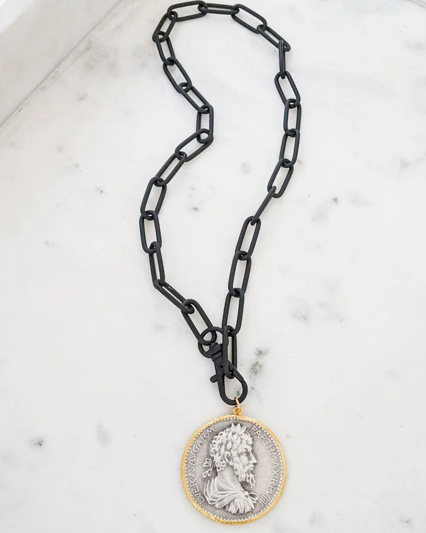 Virtue Chariot Vintage Coin on XL Black Paperclip Chain