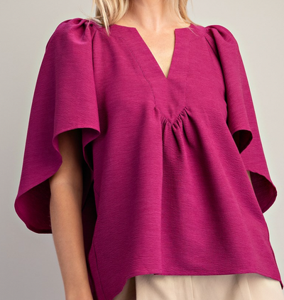 Plum Textured V-Neck Placket Ruffle Sleeve Top