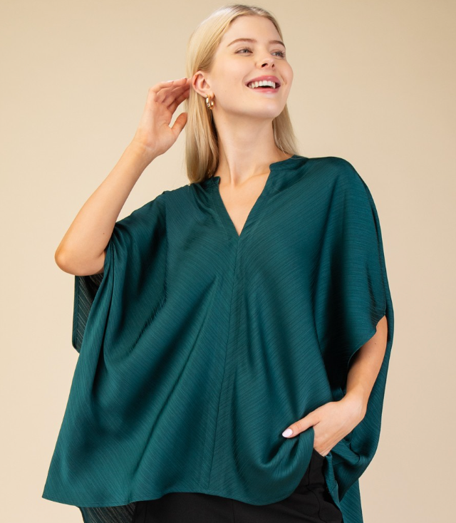 Hunter Green Notch Neck Textured Oversized Blouse