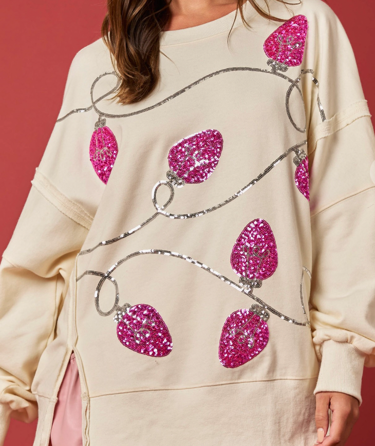 Cream Embroidered Christmas Ornaments Sweatshirt