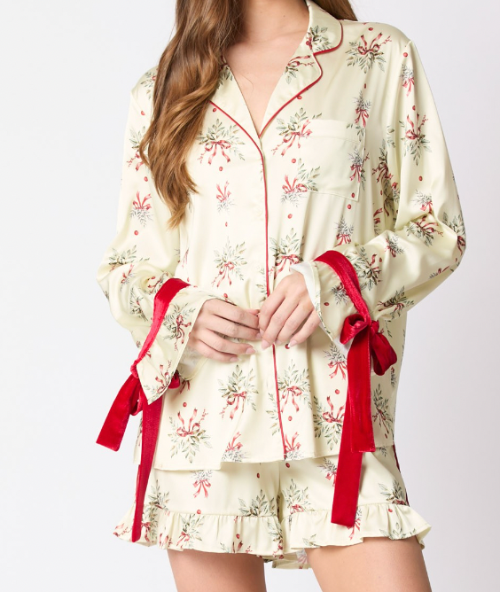 Light Yellow Printed Bow Detail Pajama Set