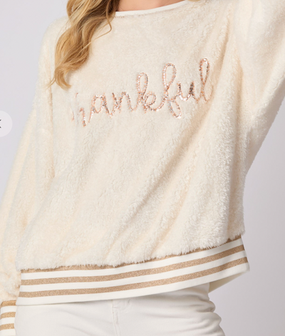 Ivory Thankful Embroidered Oversized Fuzzy Sweatshirt