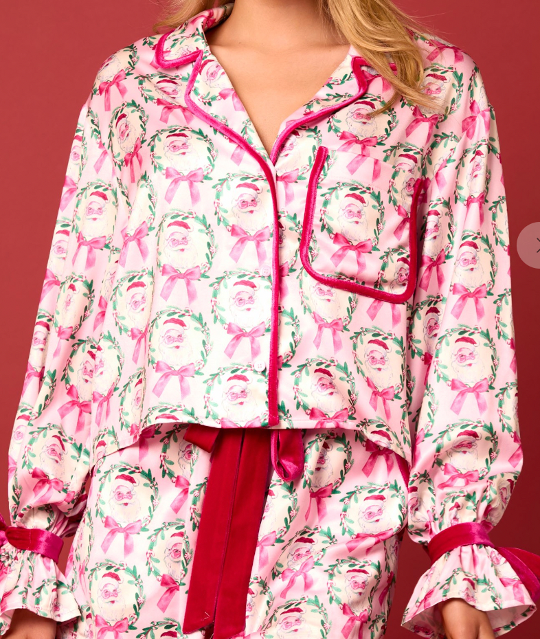 Pink and White Satin Santa and Bows Pajama Set