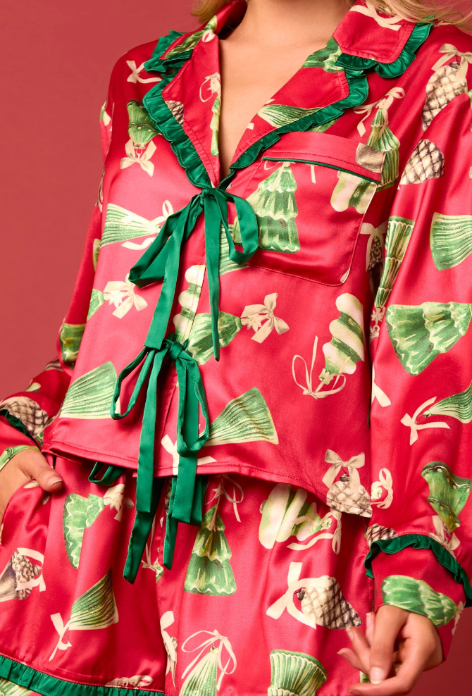 Red Multi Christmas Ornaments Satin Pajama Set