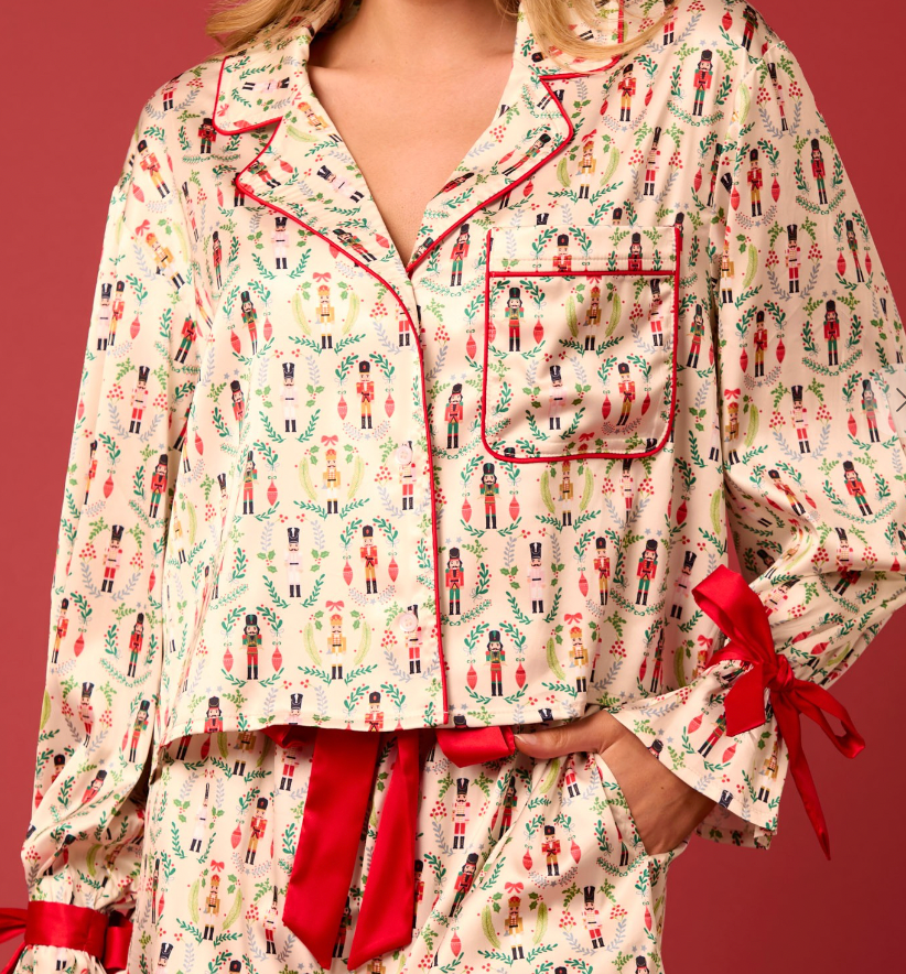 Ivory/Red/Green Nutcracker Satin Pajama Set