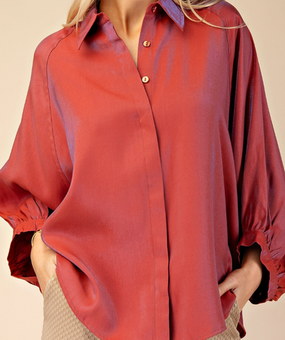 Rust Oversized Collared Dolman Sleeve Button Down Top