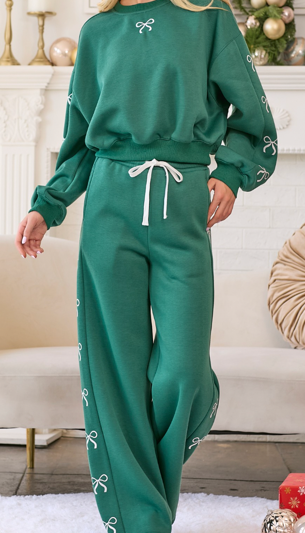 Hunter Green Coquette Bow Sweatshirt and Pant Set