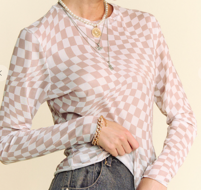 Ivory Taupe Checkered Mesh Long Sleeve Layering Top