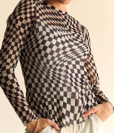 Black Checkered Mesh Long Sleeve Layering Top