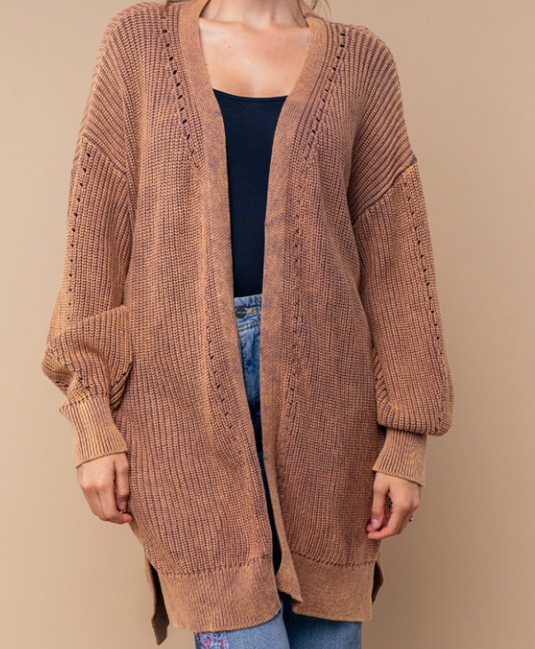 Washed Ash Brown Solid Knit Cardigan