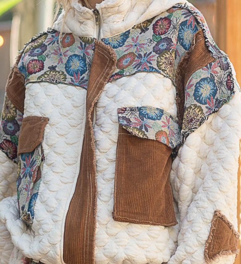 Ivory Multi Oversized Floral Contrast Quilted Jacket