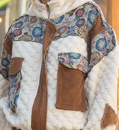 Ivory Multi Oversized Floral Contrast Quilted Jacket