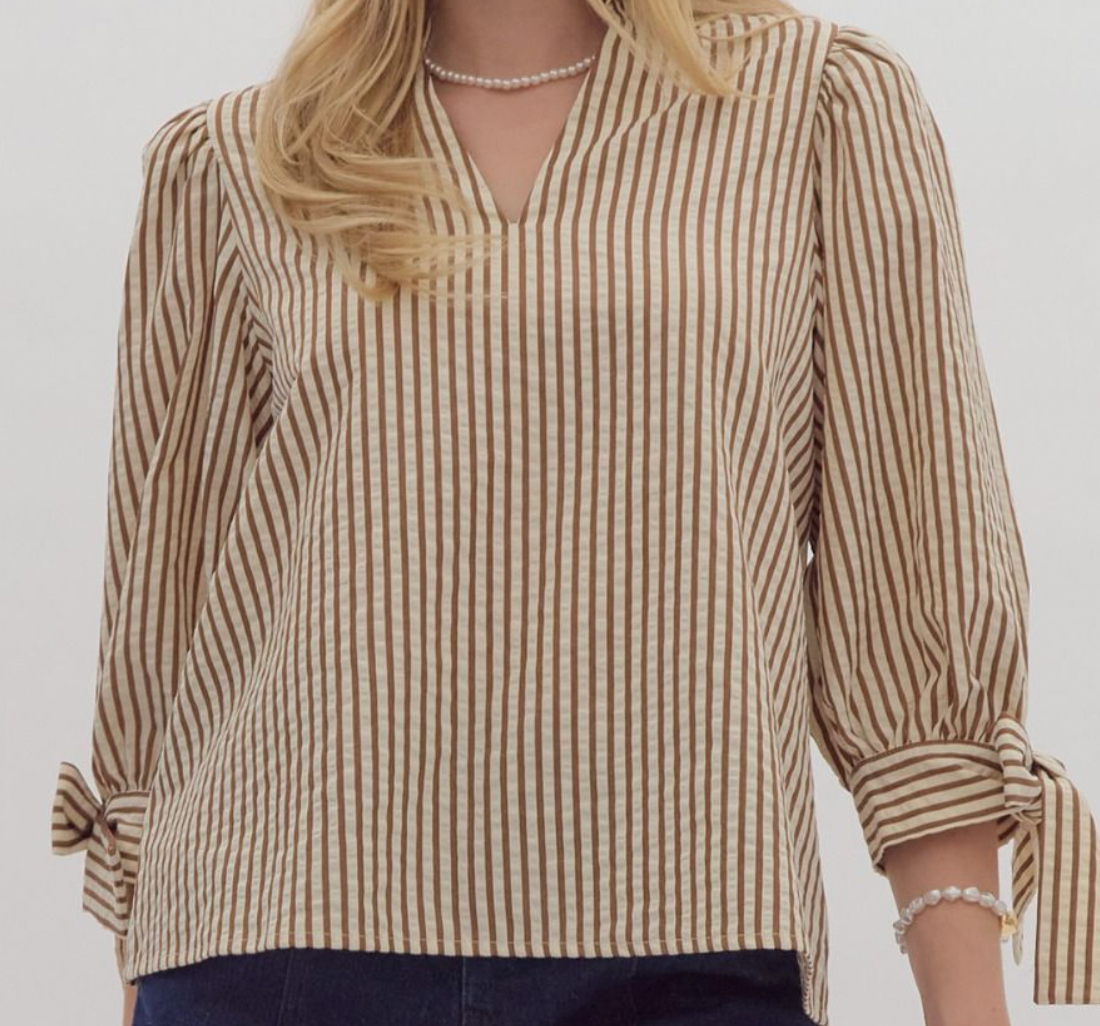 Brown Striped Tie Detail 3/4 Sleeve Top