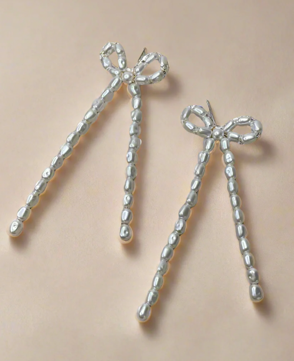 My Girl in LA Enchanted Pearl Bow Dangle Earrings- Cream