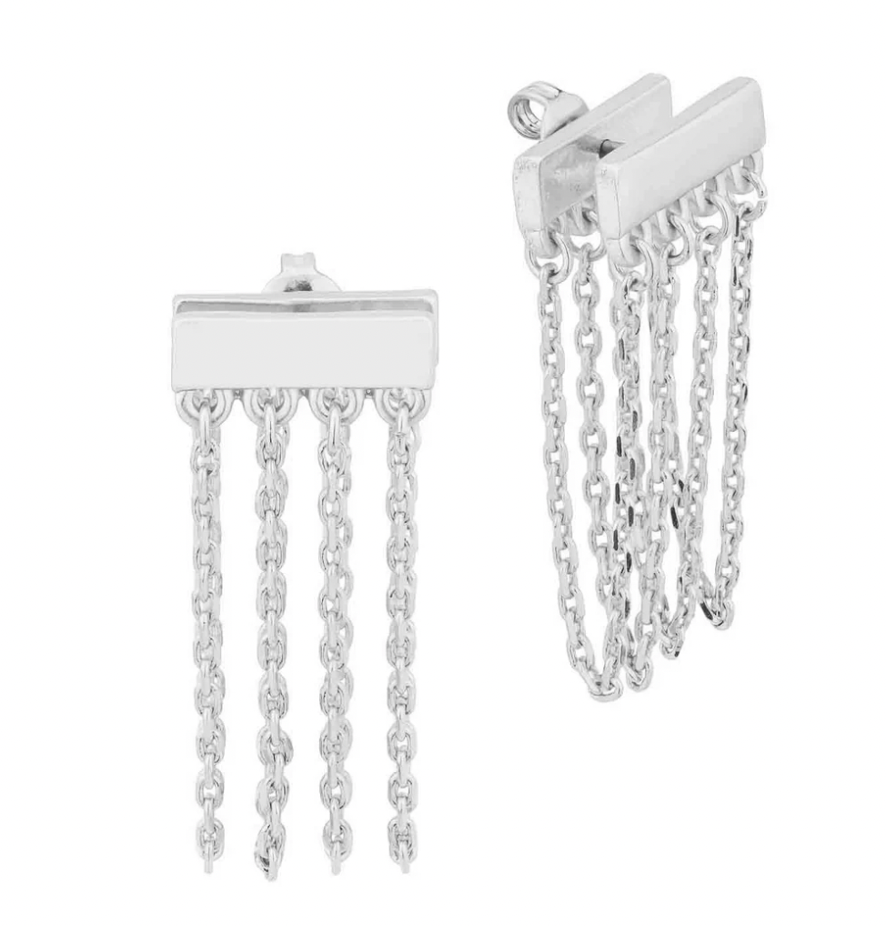 My Girl in LA Front and Back Drop Chain Tassel Post Back Earrings- Matte Silver