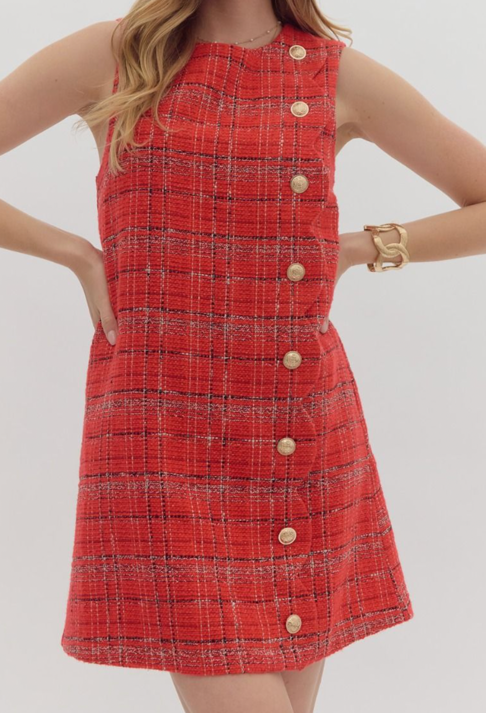 Red Tweed Faux Button Sleeveless Dress