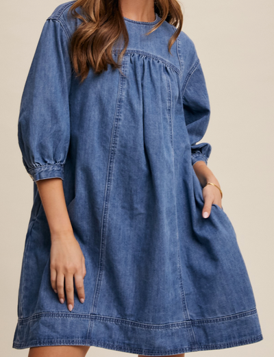 Denim Pleated Detail Babydoll Dress