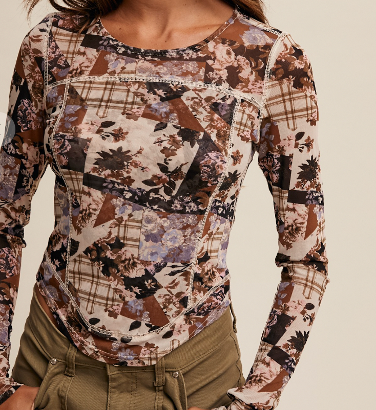 Cream Brown Floral Patchwork Mesh Fitted Long Sleeve Top