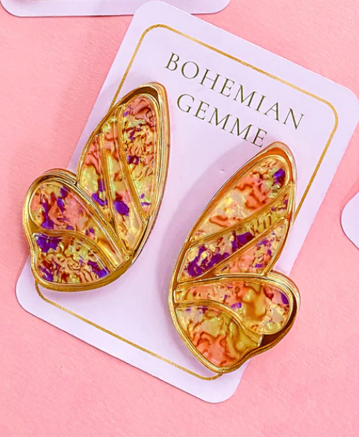 Bohemian Gemme Abalone Butterfly Gold Statement Earrings