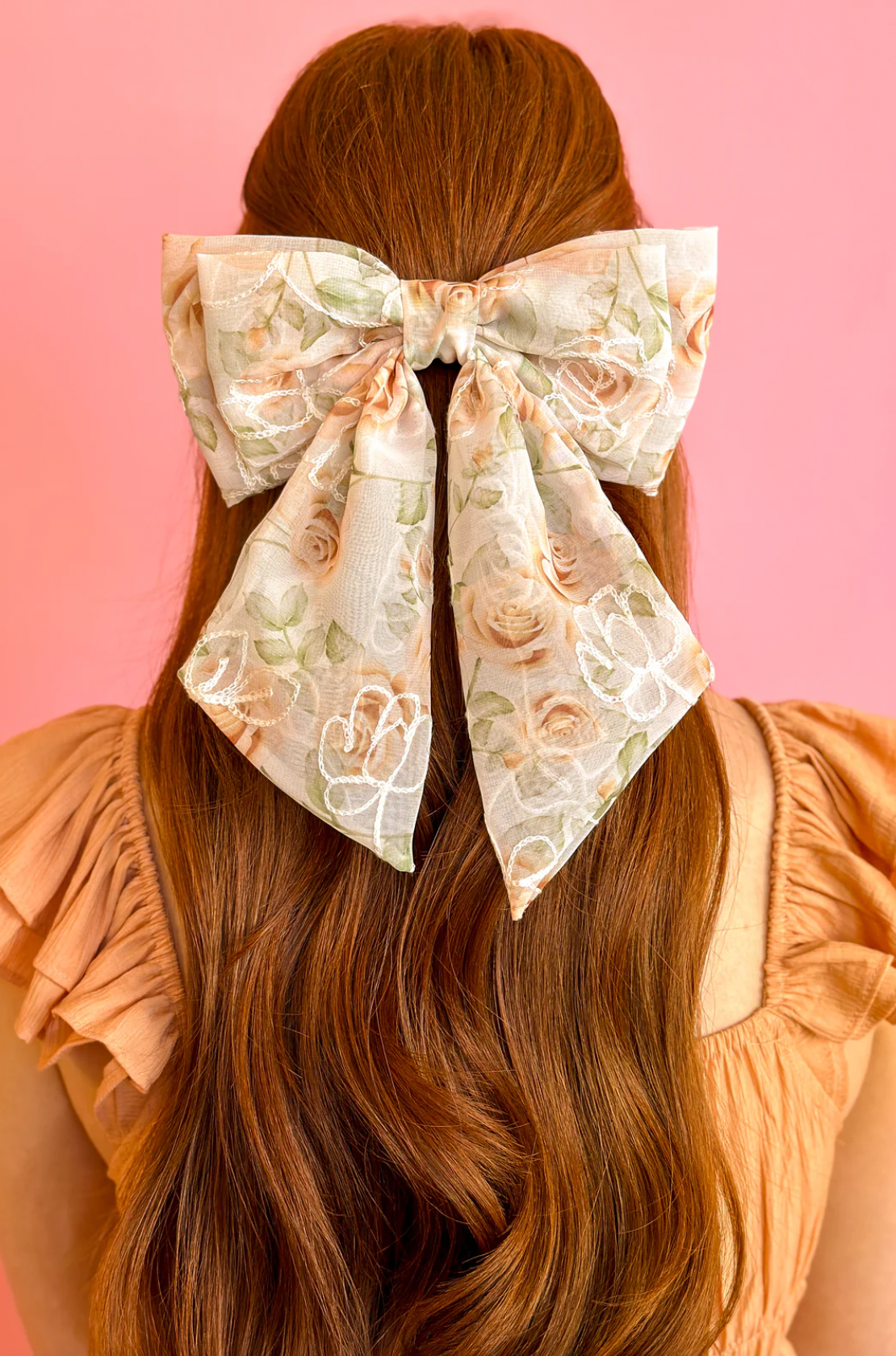 Bohemian Gemme Peach Embroidered Floral Hair Bow