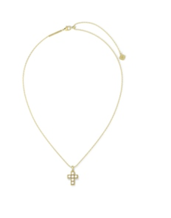 Kendra Scott Gold Pearl Cross Short Pendant Necklace in White Pearl