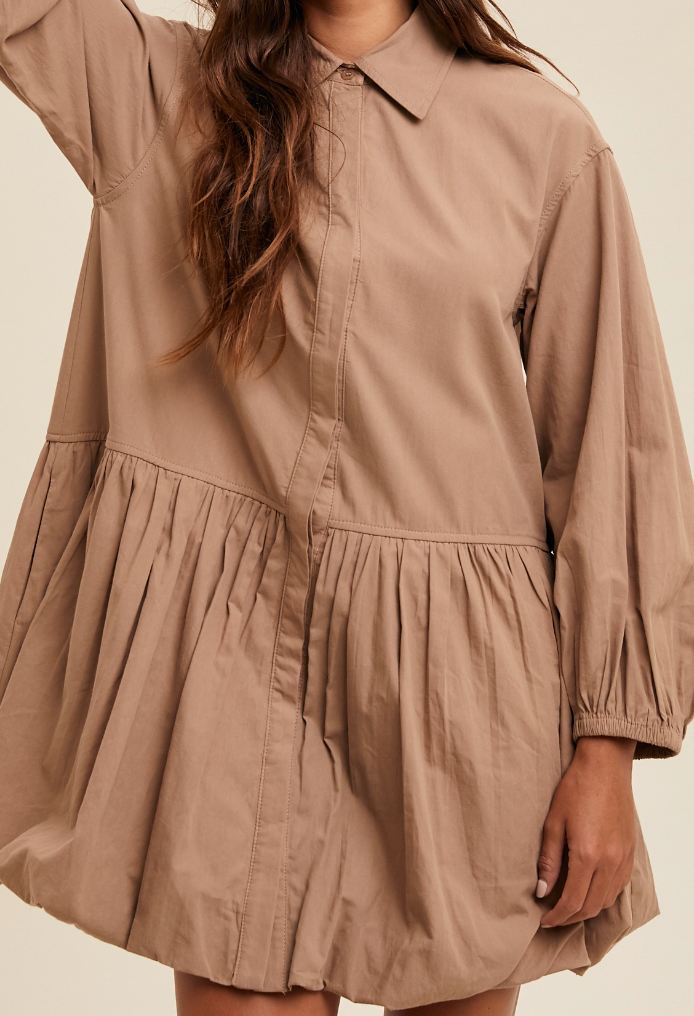 Toffee Button Down Collared Bubble Hem Dress