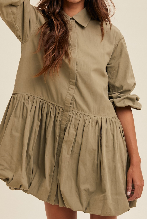 Olive Button Down Collared Bubble Hem Dress