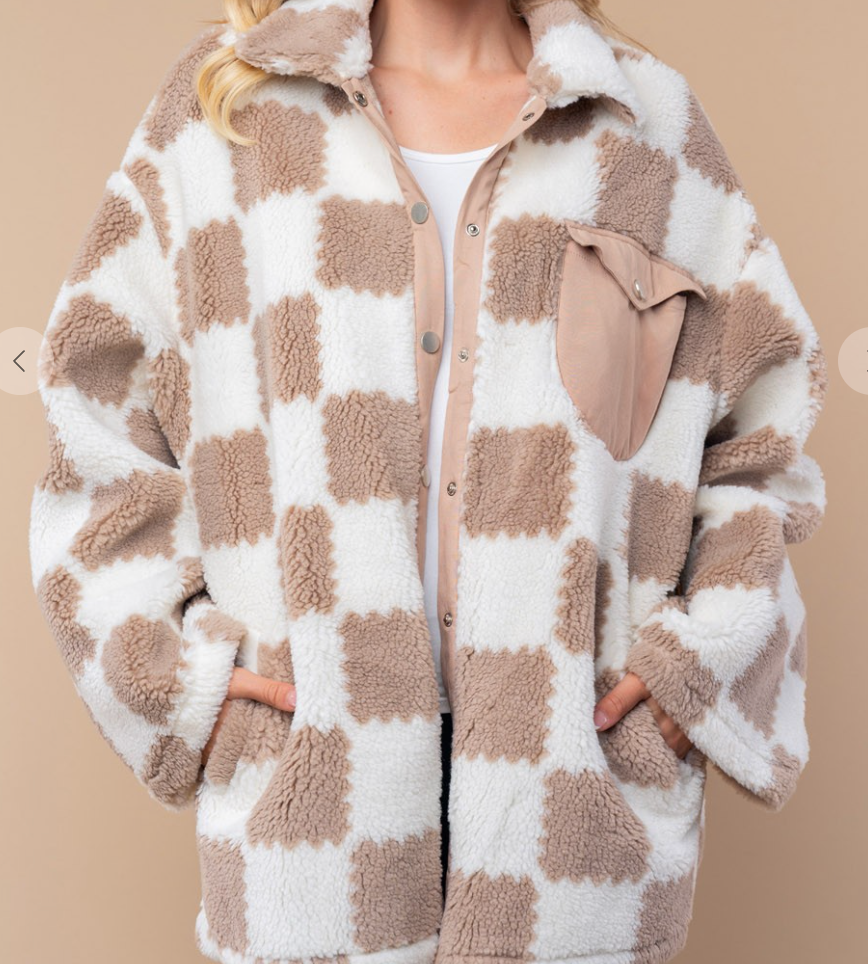 Taupe Checkered Oversized Button Jacket