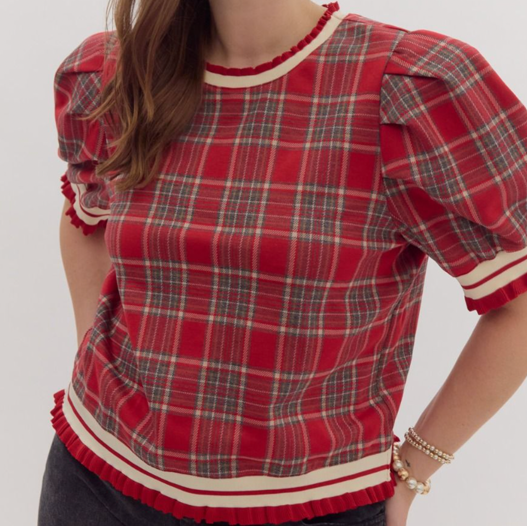 Red Plaid Puff Sleeve Ruffled Trim Top