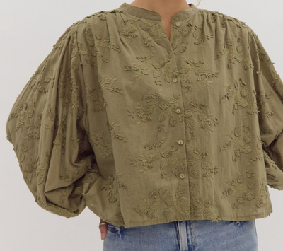 Olive Floral Embroidered 3/4 Dolman Sleeve Oversized Top