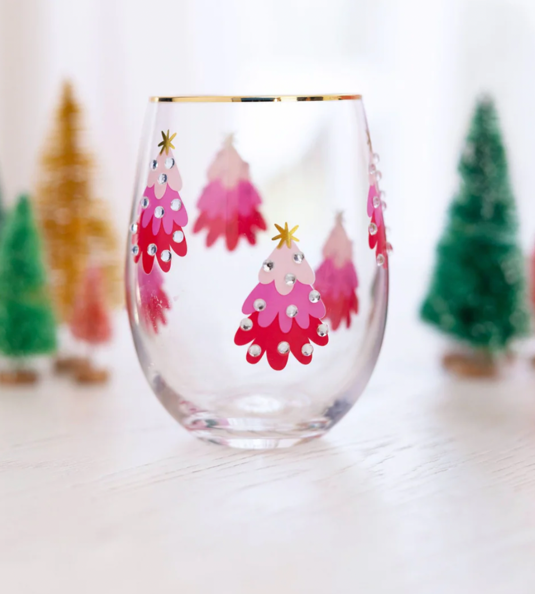 Mary Square Stemless Wine Glass- Pink Trees