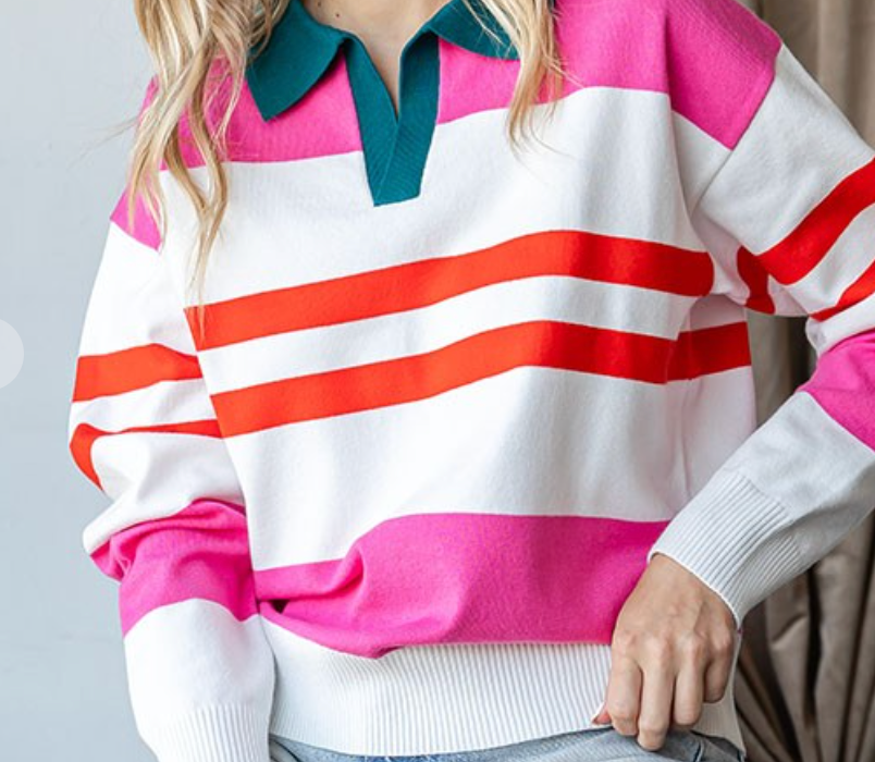 Pink Multi Striped Collared Sweater