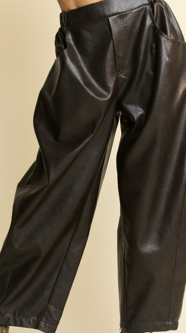 Charcoal Faux Leather Barrel Pants