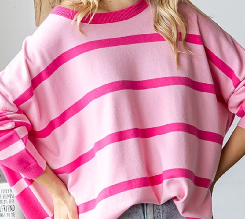 Pink and Hot Pink Striped Colorblock Loose Fit Sweater