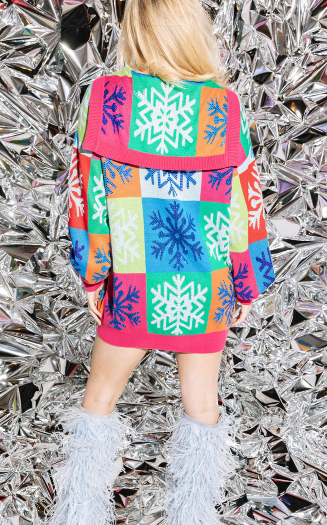 Queen of Sparkles Colorblock Snowflake Sweater Dress