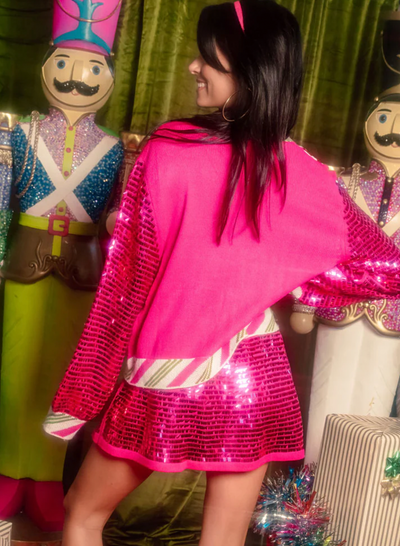 Queen of Sparkles Hot Pink Peppermint Nutcrackers Shard Sequin Sleeve Cardigan