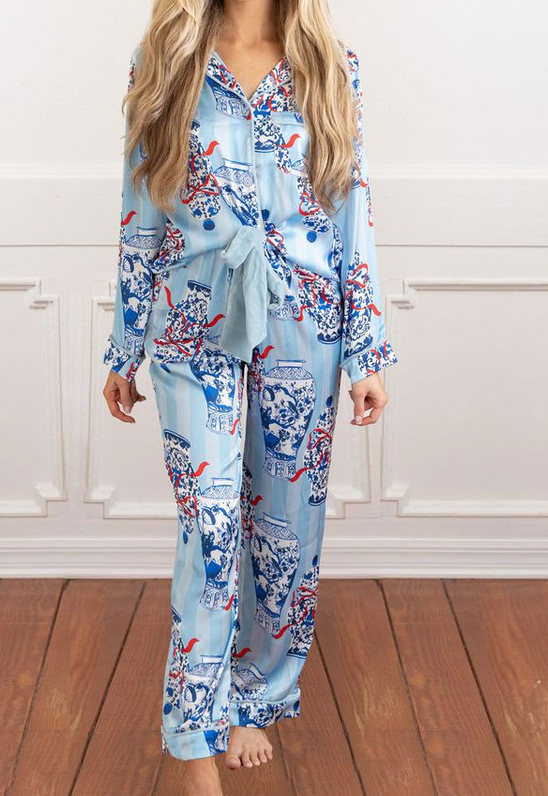 8 Oak Lane Ginger Jar Stripe Satin Long PJ Set