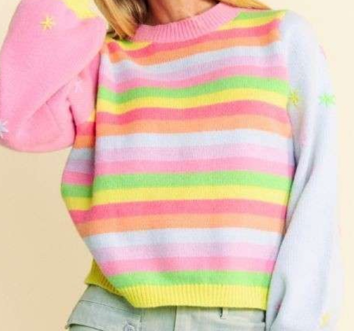 Pastel Multi Star Balloon Sleeve Striped Sweater