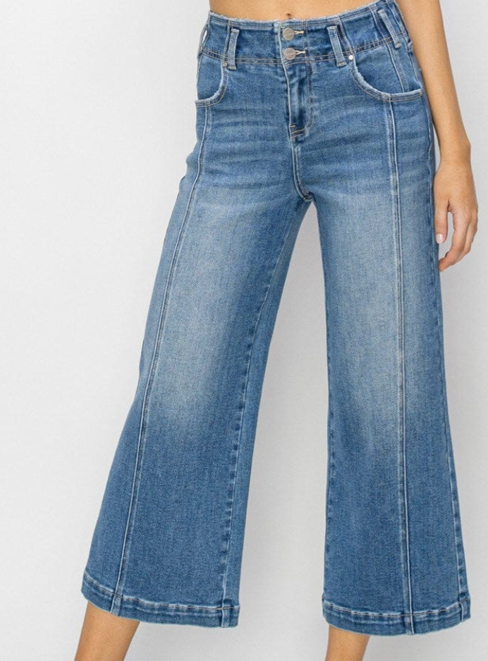 Risen Medium Wash High Rise Front Seam Detail Crop Jeans