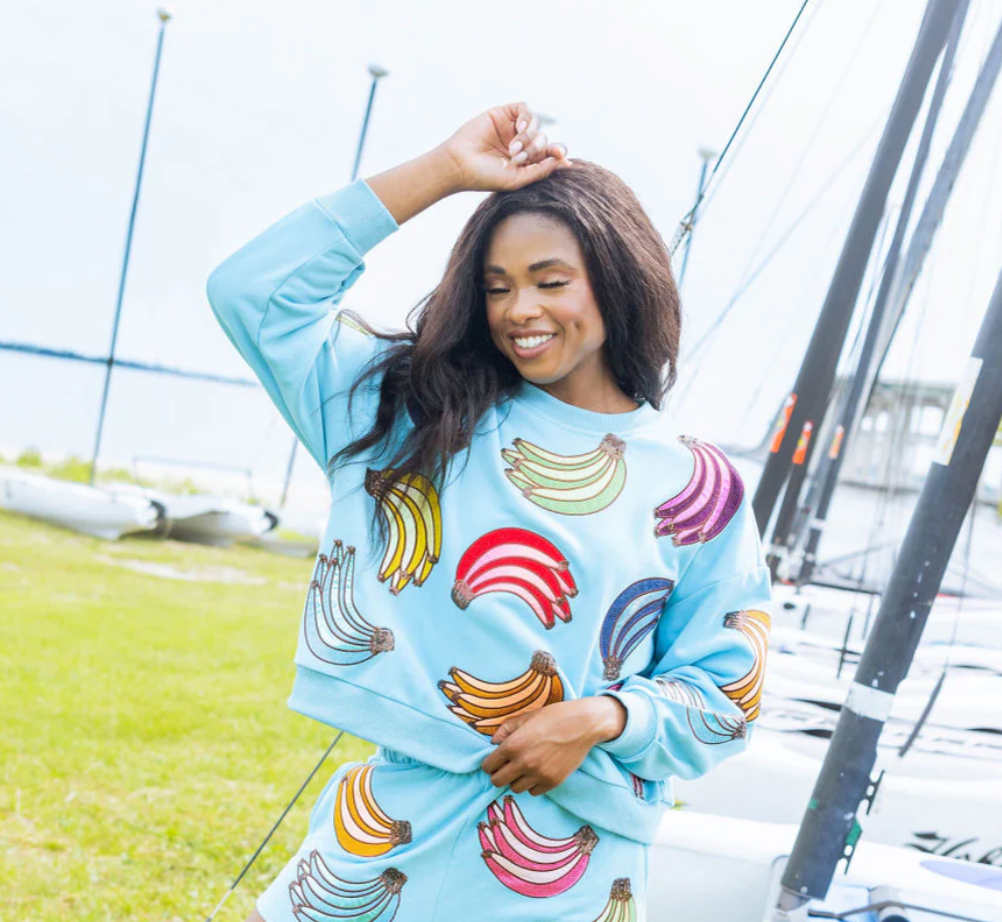 Queen of Sparkles Aqua Multi Banana Sweatshirt