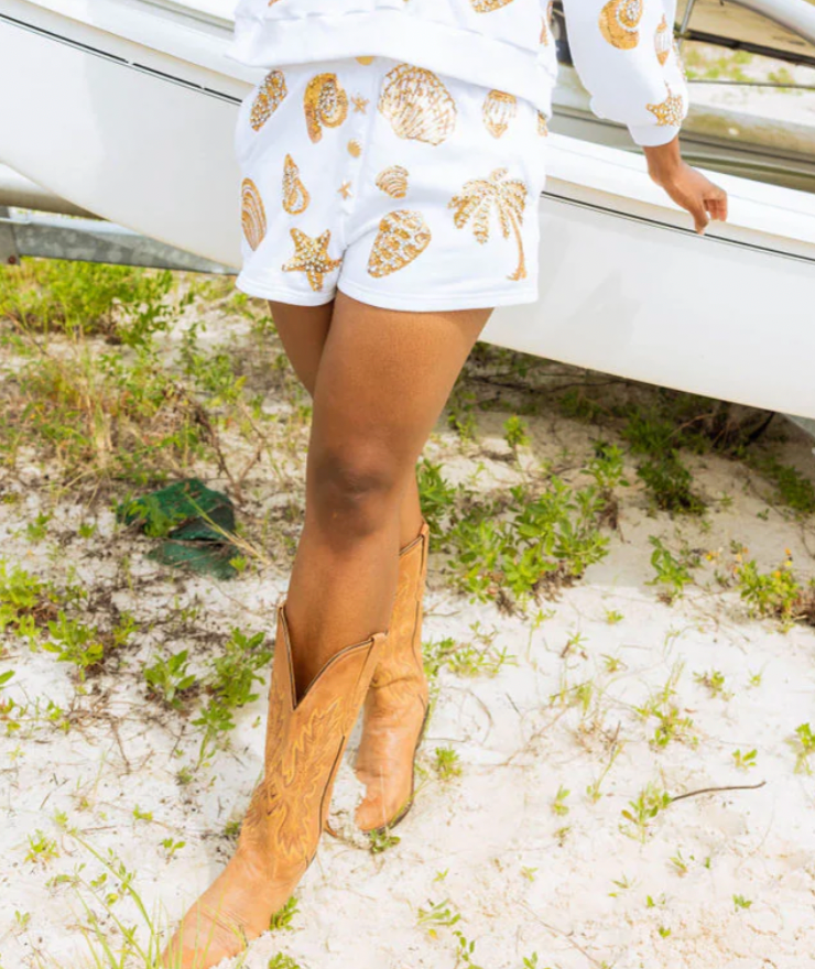 Queen of Sparkles White & Gold Shell Henley Short