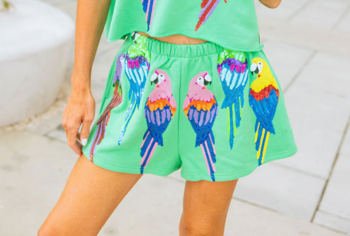 Queen of Sparkles Green Scattered Parrot Short