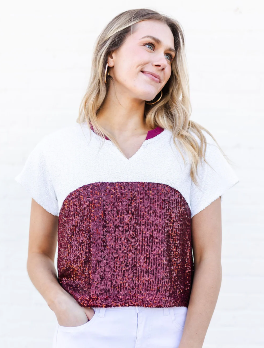 Mary Square Diane Sequin Top in Maroon/White