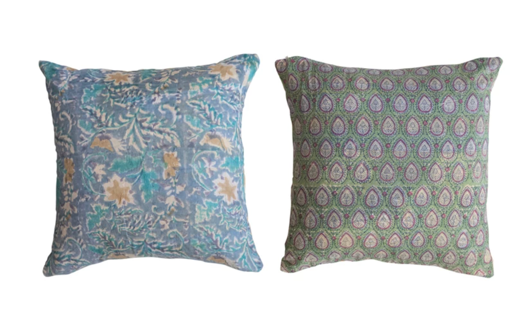 Vintage Printed Cotton Kantha Reversible Pillow, 2 Styles (Each One Will Vary)