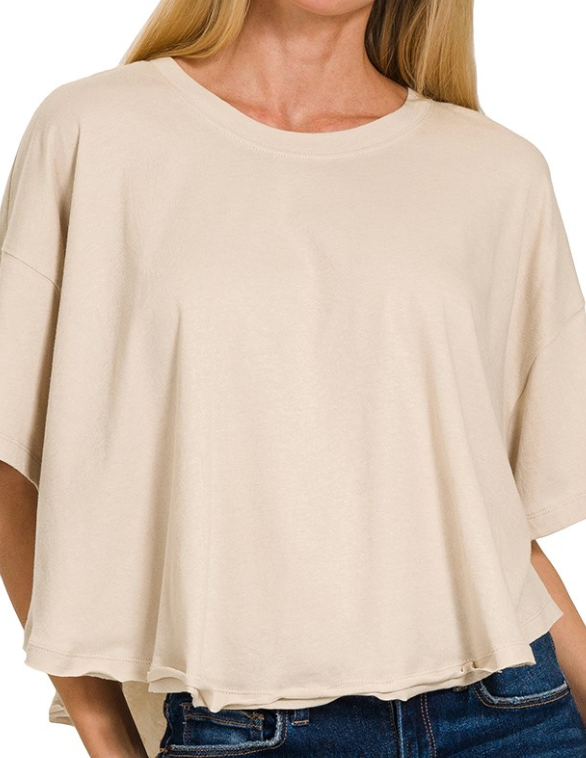 Cotton Round Neck Oversized Crop Tee