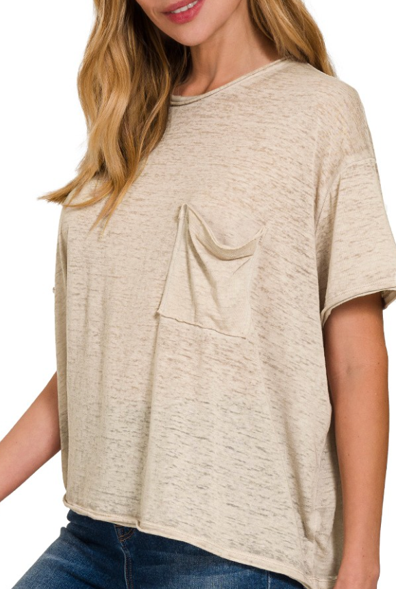 Oversized Burnout Washed Raw Edge Pocket Tee